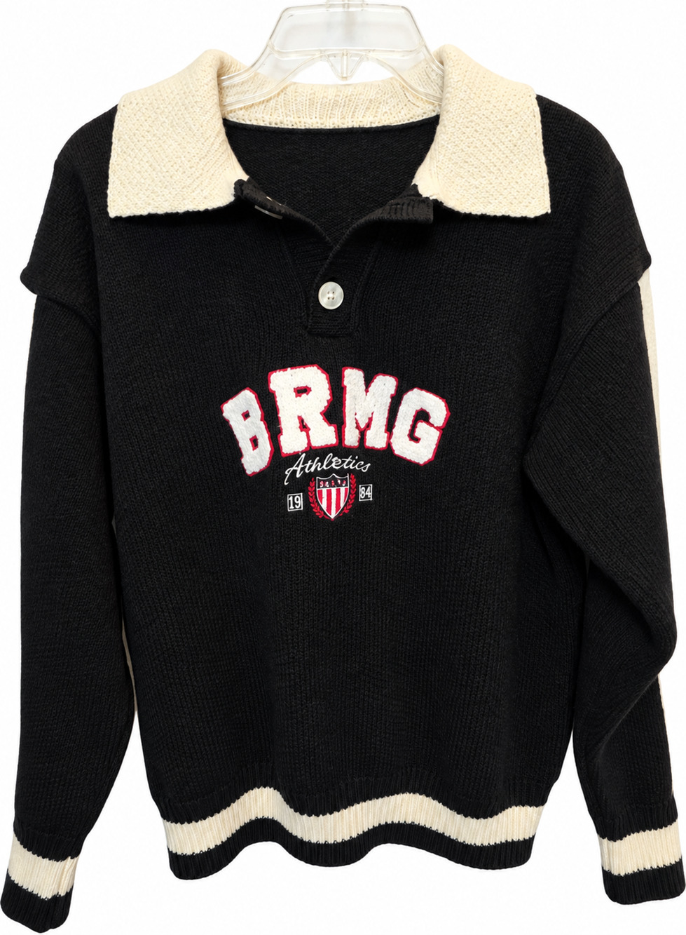BRMG Andrelle Preppy Sweater Varsity Womens Medium Black Cream Collared Pullover